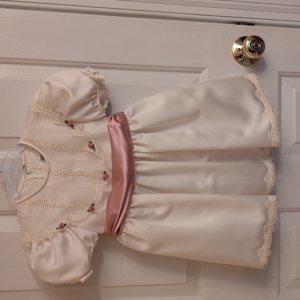 Girl's Toddler Satin Dress, Cream with Rose Color Sash Size 4T